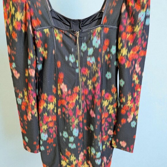 Guess Blurred Floral Long Puff Sleeve Sweatheart Bustier Mini Dress, Size Medium - Picture 3 of 5